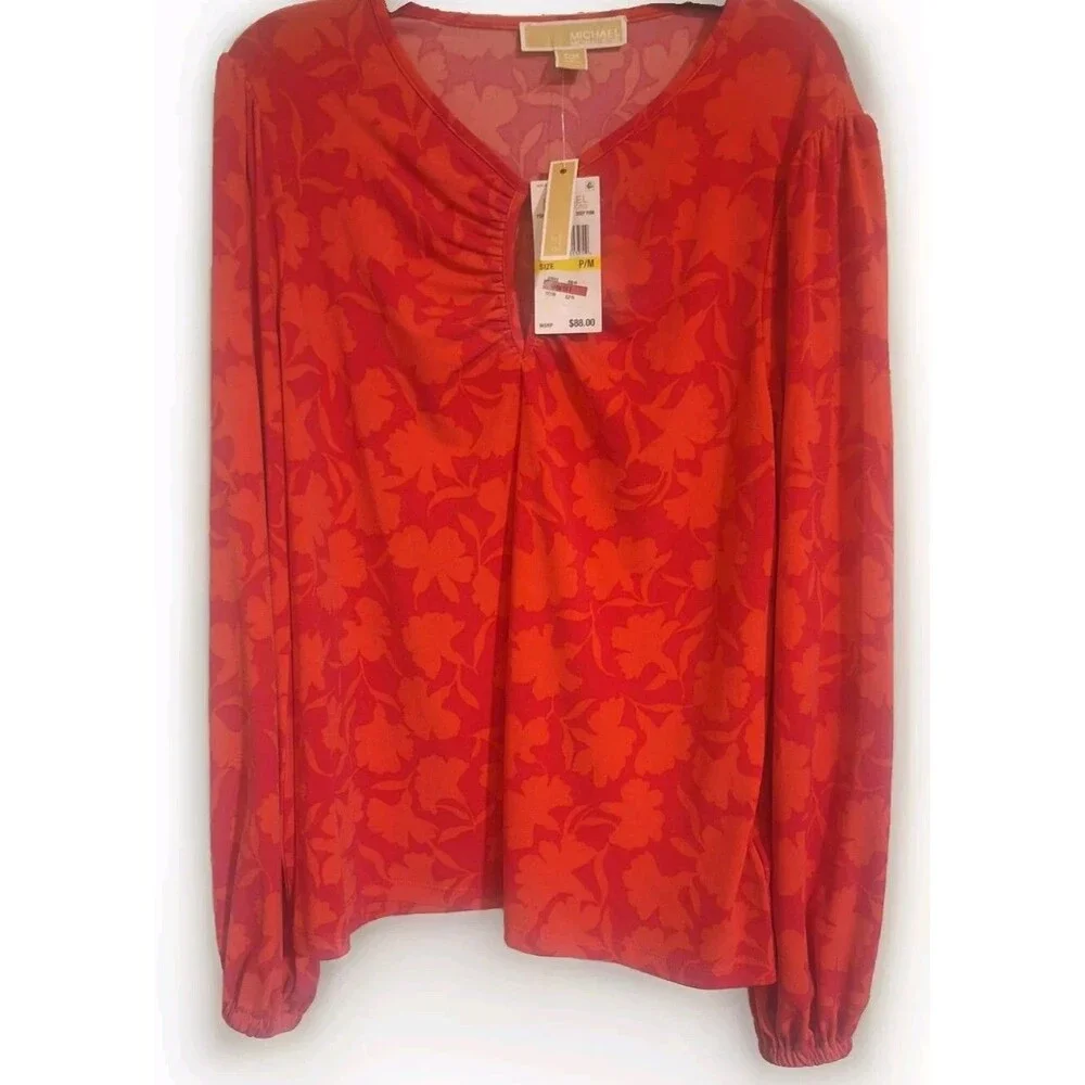 Michael Kors Shadow Fleur Floral Blouse Pink PM Petite Medium NWT V-Neck Top